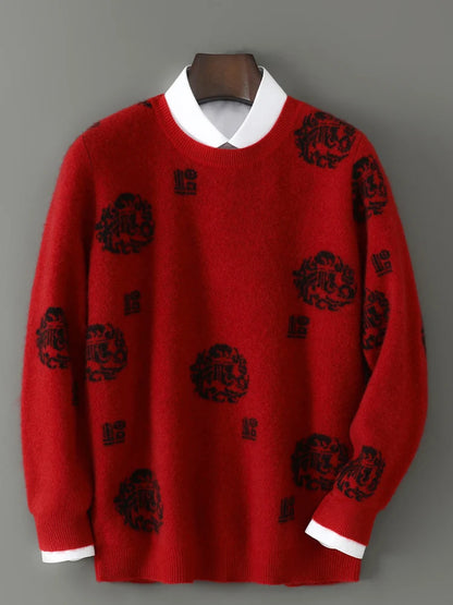 Men's 100% Pure Wool Sweater O-Neck Loose Pullover Autumn/Winter New Embroidery Business Casual Cashmere Tops Knit Bottom Shirt
