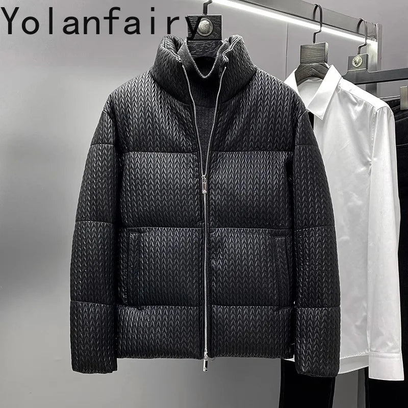 YOLANFAIRY Luxury Top Layer Sheepskin Leather Jackets for Man 2025 Winter Fashion White Goose Down Coat Warm Black Puffer Jacket