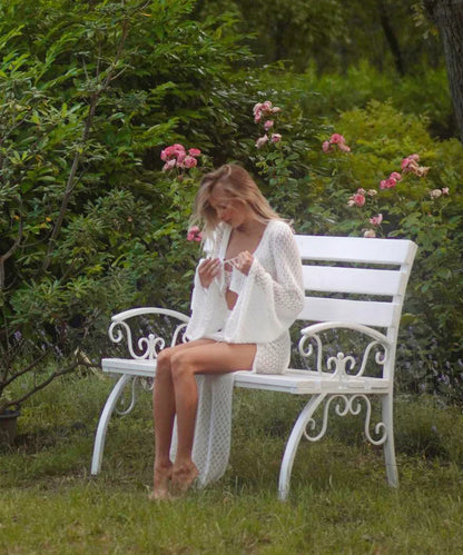Sexy Knit Set White Cut Out Swimsuit Cover Up 2026 Women's Summer Bell Sleeve Lace-up Loose Top Beach Half Skirt Two-piece K136
