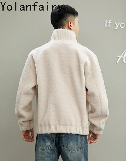 YOLANFAIRY Winter 100% Sheep Shearing Jacket Man Clothing Fashion Stand Collar Granular Lamb Fur Coat Men's Jackets chaqueta