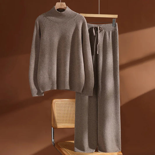 CHICUU Women's 100% Wool Sweater Pants Set Thick Mock Neck Pullover Wide Leg Pants Autumn Winter Warm Casual Wool Knitwear Suit