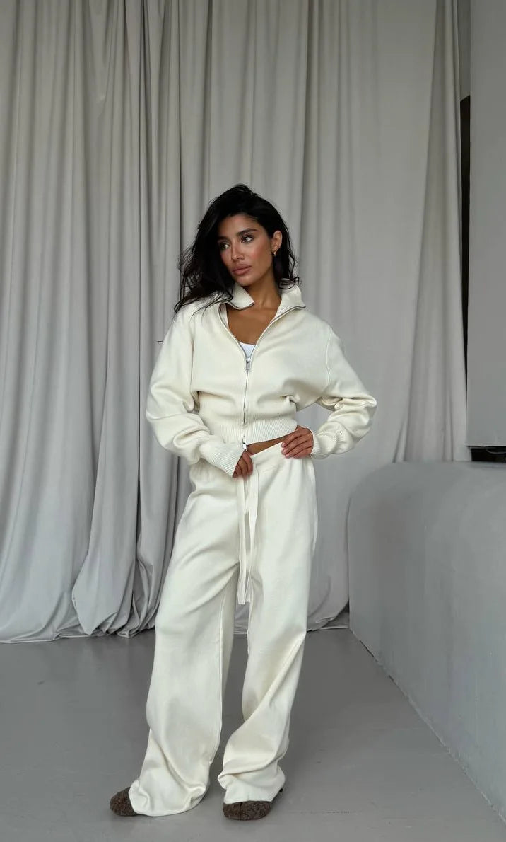 Women Cotton Knitted Cardigan Wide Leg Pants Suit Autumn and Winter Lady  Fashion Loose Daily Office Jacket Straight Pants 2Pcs