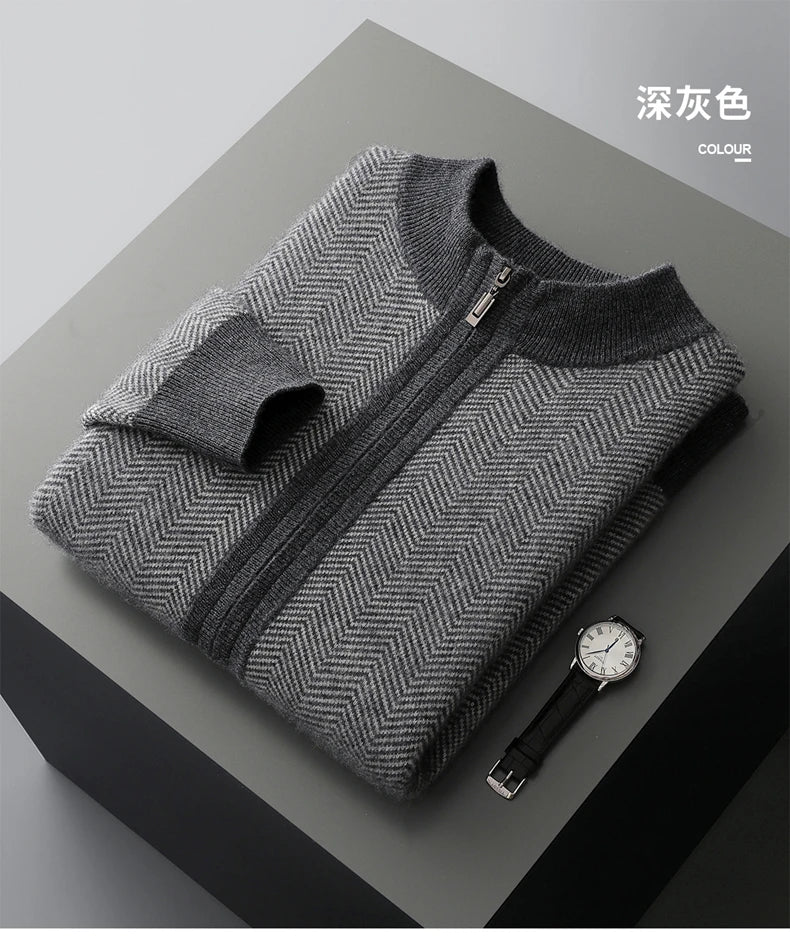 Autumn Winter 100% Merino Wool Knitted Zipper Cardigan Men's Half High Collar Herringbone Pattern Thick Coat Casual Warm Jacket