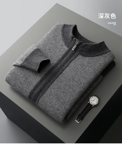 Autumn Winter 100% Merino Wool Knitted Zipper Cardigan Men's Half High Collar Herringbone Pattern Thick Coat Casual Warm Jacket