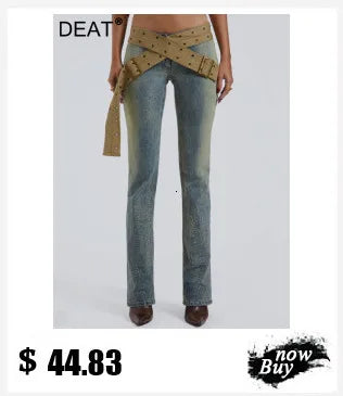 DEAT Fashion Distressed Ripped Wide Leg Jeans Women's Low Waist Frayed Hem Blue Denim Pants Summer New 7A4508