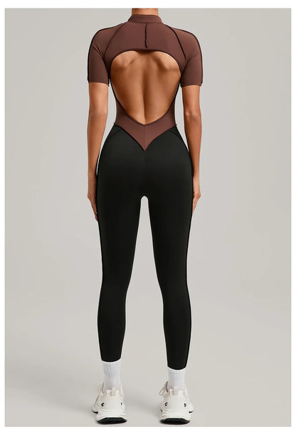 SOISOU Zipper Jumpsuit Women Nylon Clothing Sportswear Woman Gym Yoga Sport Sets Short Sleeve Workout Sets Women Tracksuit