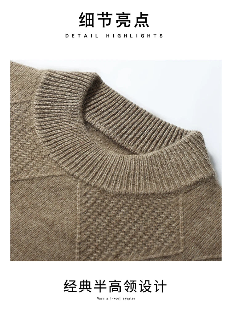 Autumn Winter New Style 100% Goat Cashmere Men's Mock Neck Diamond Knitted Base Shirt Casual Business Top Fashionable Knitwear