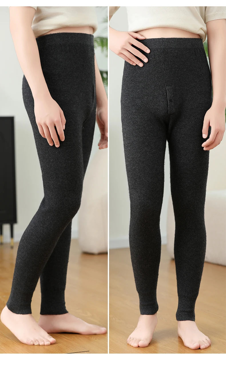 100% Cashmere Knit Leggings Men Winter Wearing Thermal Underwear High Waist Trousers Solid Thicken Elasticity Ankle-Length Pants
