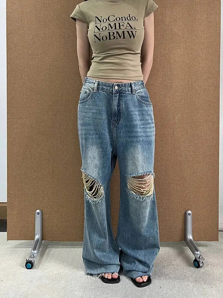 DEAT Fashion Ripped Straight Blue Jeans Women's High Waist Streetwear Denim Pants Summer New 7A4060