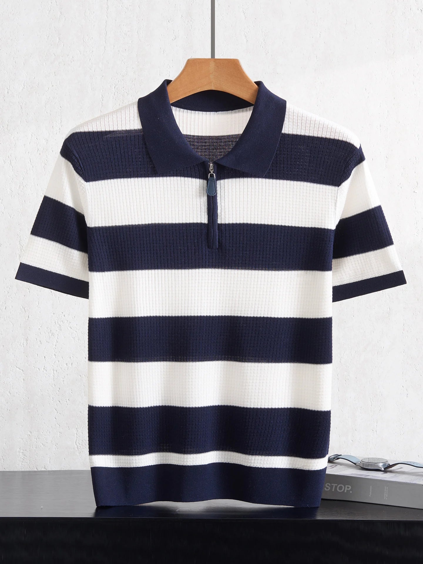 Men's 100% Lyocell POLO Collar Striped T-Shirt Knit Pullover Summer New Bussiness Casual Half-zip Short-sleeved Jumper Menswear