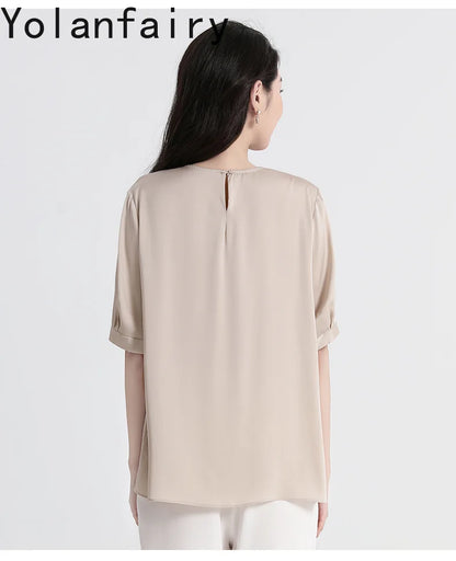YOLANFAIRY 100% Natural Mulberry Silk T Shirts Woman Clothing 2026 Summer Loose Fashion T Shirt Elegant Womens Tops Short Sleeve