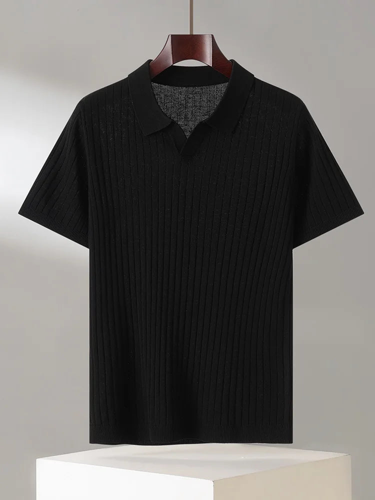 Summer New Men's 100% Lyocell Scissor Collar Solid Color T-Shirt Knit Pullover Bussiness Casual Short-sleeved POLO Collar Tees