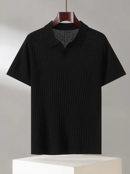 Summer New Men's 100% Lyocell Scissor Collar Solid Color T-Shirt Knit Pullover Bussiness Casual Short-sleeved POLO Collar Tees