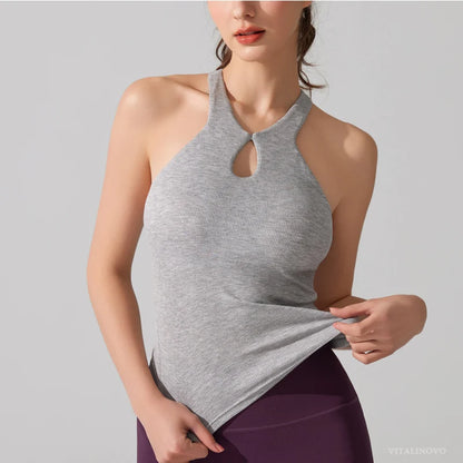 VITALINOVO Women's Tank Top High Neck Ribbed Raceback Going Out Basic Tops with Built-in Bra Summer Sleeveless Yoga Slim Fitted