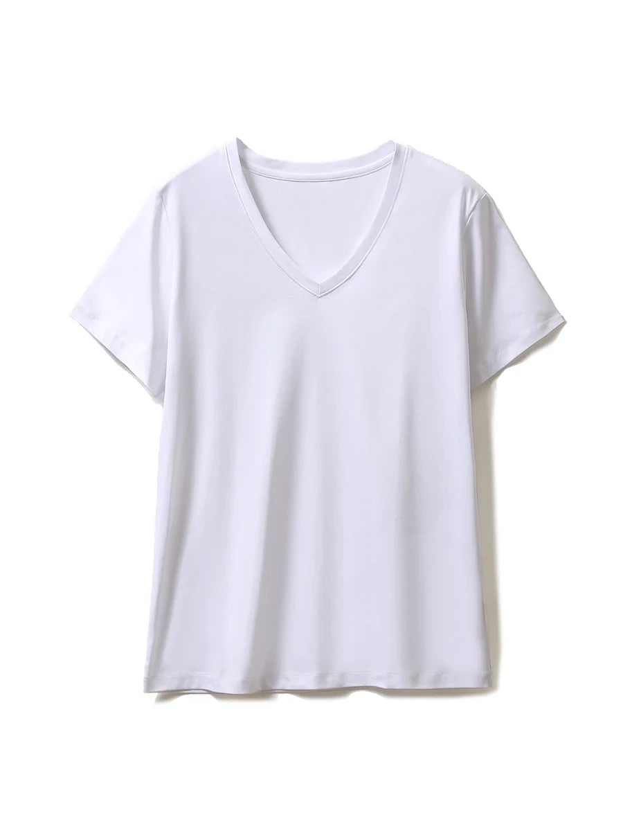 SuyaDream,Women Solid T shirts, 10%Silk 58%Cotton, V Neck, Short Sleeved Tee, 2025 Summer Candy Colors Basic Cozy Top