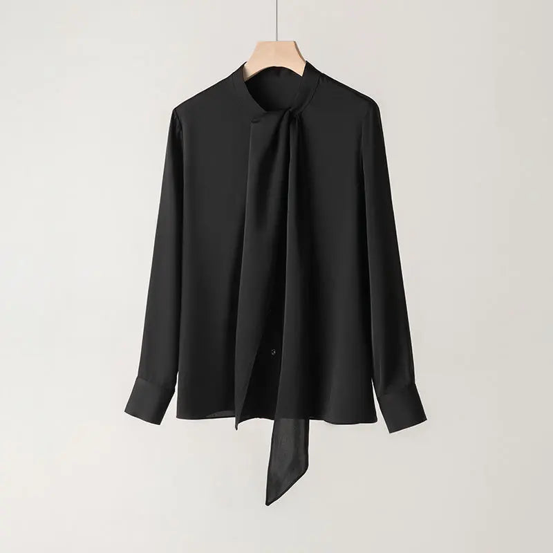 YOLANFAIRY 93% Real Mulberry Silk Shirts for Women Spring 2026 Elegant Solid Long Sleeve Shirt Woman Top Ribbon OL Blouses Trend