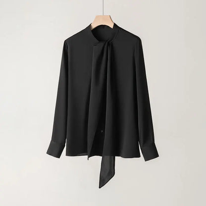 YOLANFAIRY 93% Real Mulberry Silk Shirts for Women Spring 2026 Elegant Solid Long Sleeve Shirt Woman Top Ribbon OL Blouses Trend