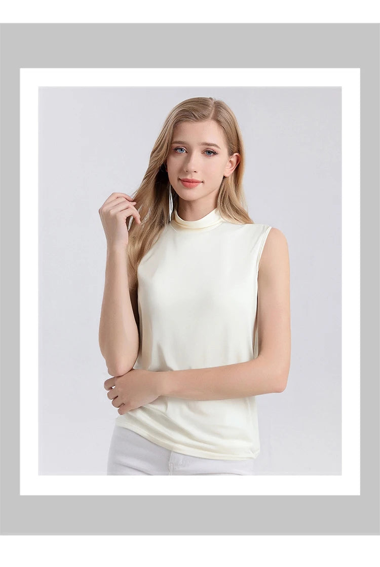SuyaDream. Women Solid Tanks, 92%Real Silk, Mock Neck, Sleeveless Chic T Shirt, 2025 Solid Summer Vests