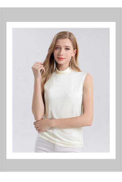 SuyaDream. Women Solid Tanks, 92%Real Silk, Mock Neck, Sleeveless Chic T Shirt, 2025 Solid Summer Vests