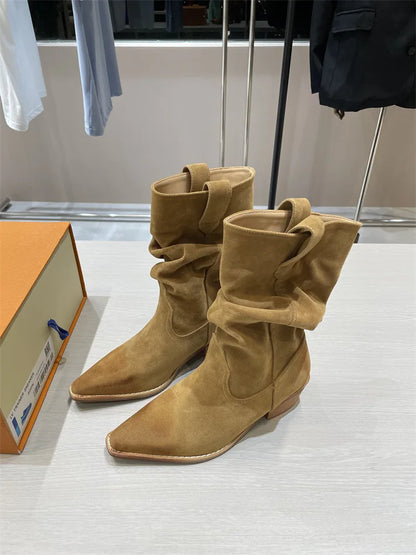 New Fashion Western Cowboy Boots Pointed Pleated V-mouth Thick Heel Medium Tube Short Boots