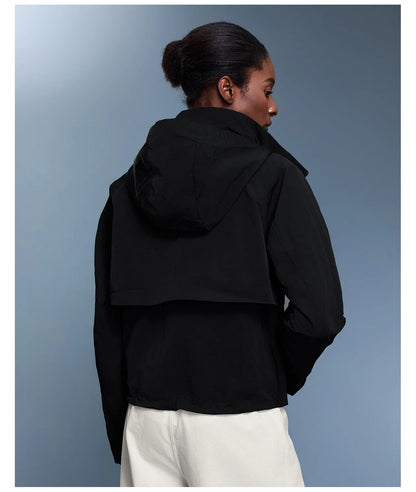 Custom LOGO women's autumn light and breathable waterproof trench coat stand-up collar hooded casual short pocket sports jacket