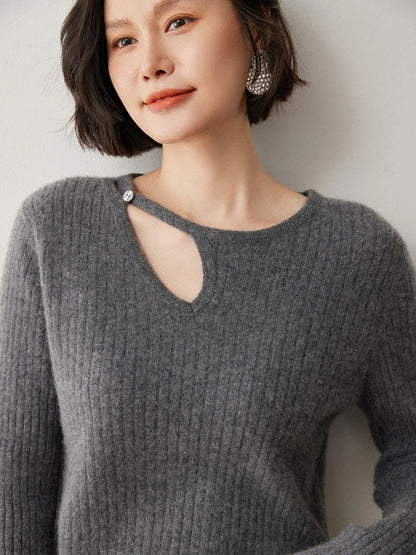 CHICUU Women's 100% Cashmere Knit Pullover Sweater Cut Out Collar Long Sleeve Pullover Autumn Winter Basic Cashmere Knitwear Top