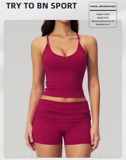 TRY TO BN Two Pieces Women's Tracksuit Vest Sling Top Set Fold-over Waist Yoga Shorts Hip Lifting Running Fitness Gym Activewear