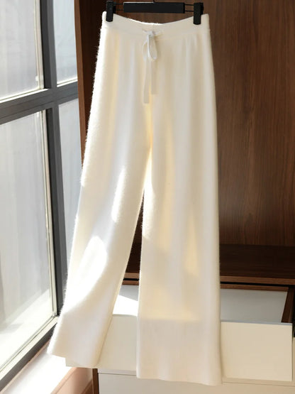 CHICUU Women Cashmere Pants Basic Casual Wide Leg Pants Autumn Winter 100% Merino Wool Knitwear Soft Korean Popular Trousers