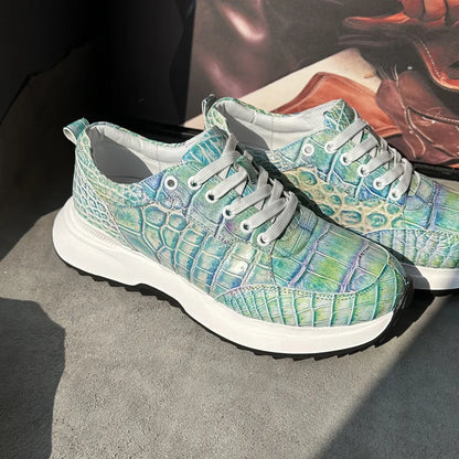 Designer real crocodile leather hand-painted aurora blue men's fashion sneakers crocodile leather men's lace-up casual shoes