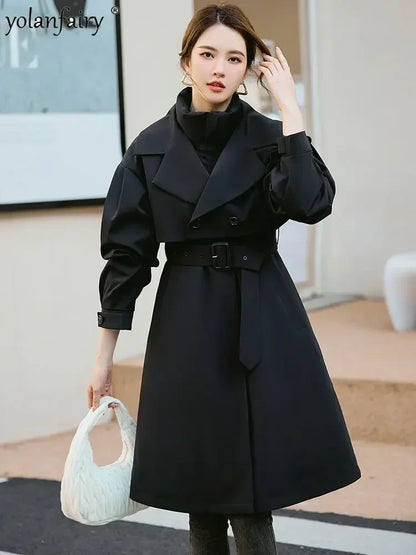 YOLANFAIRY Women's Fur Coat Women Real Fur Rex Rabbit Parkas Female Windbreaker Medium Long Work Clothes Waist Winter Coat FCY39