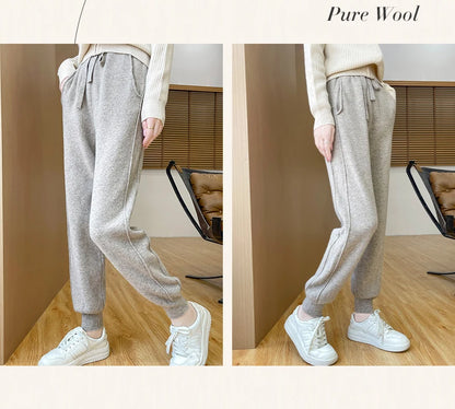DjzDsm Women's Wool Pencil Pants Autumn Winter 100% Merino Wool Knitted Trousers Thick Soft Warm Pocket Casual Style Comfy Pants