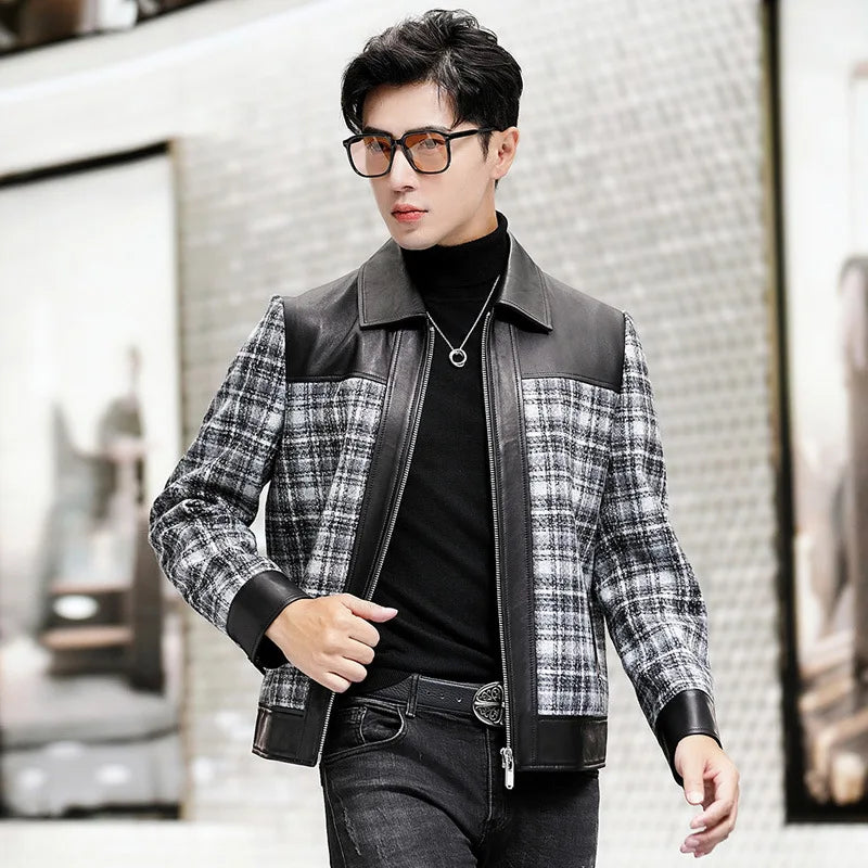 YOLANFAIRY Plaid Wool Spliced Genuine Sheepskin Jacket for Man Spring Autumn Short Woolen Coat Turn Down Collar abrigo hombre