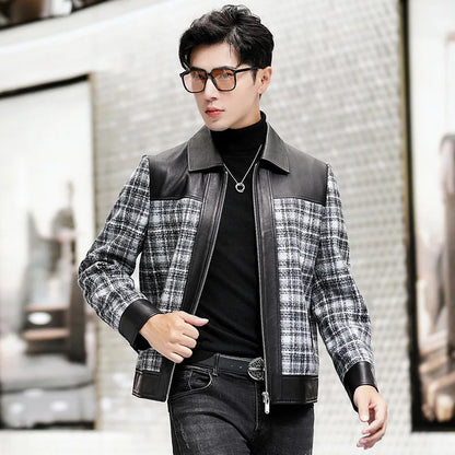 YOLANFAIRY Plaid Wool Spliced Genuine Sheepskin Jacket for Man Spring Autumn Short Woolen Coat Turn Down Collar abrigo hombre