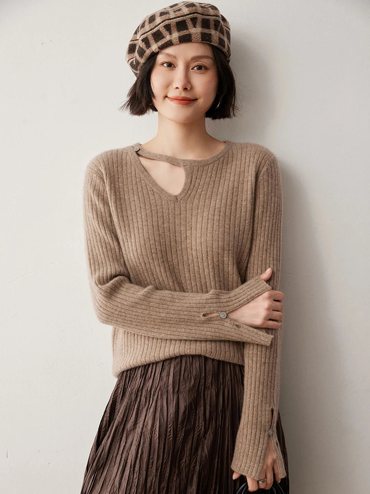 CHICUU Women's 100% Cashmere Knit Pullover Sweater Cut Out Collar Long Sleeve Pullover Autumn Winter Basic Cashmere Knitwear Top