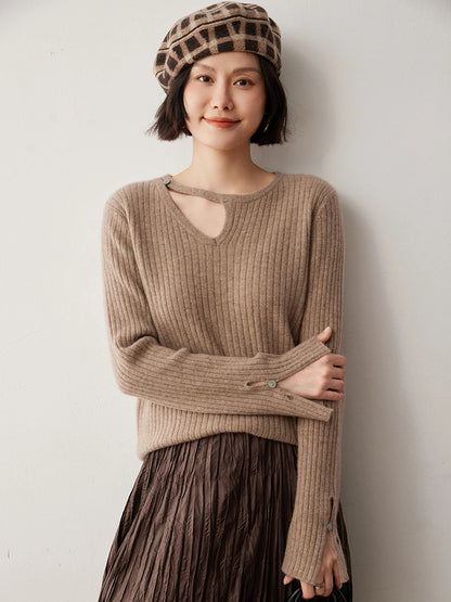 CHICUU Women's 100% Cashmere Knit Pullover Sweater Cut Out Collar Long Sleeve Pullover Autumn Winter Basic Cashmere Knitwear Top