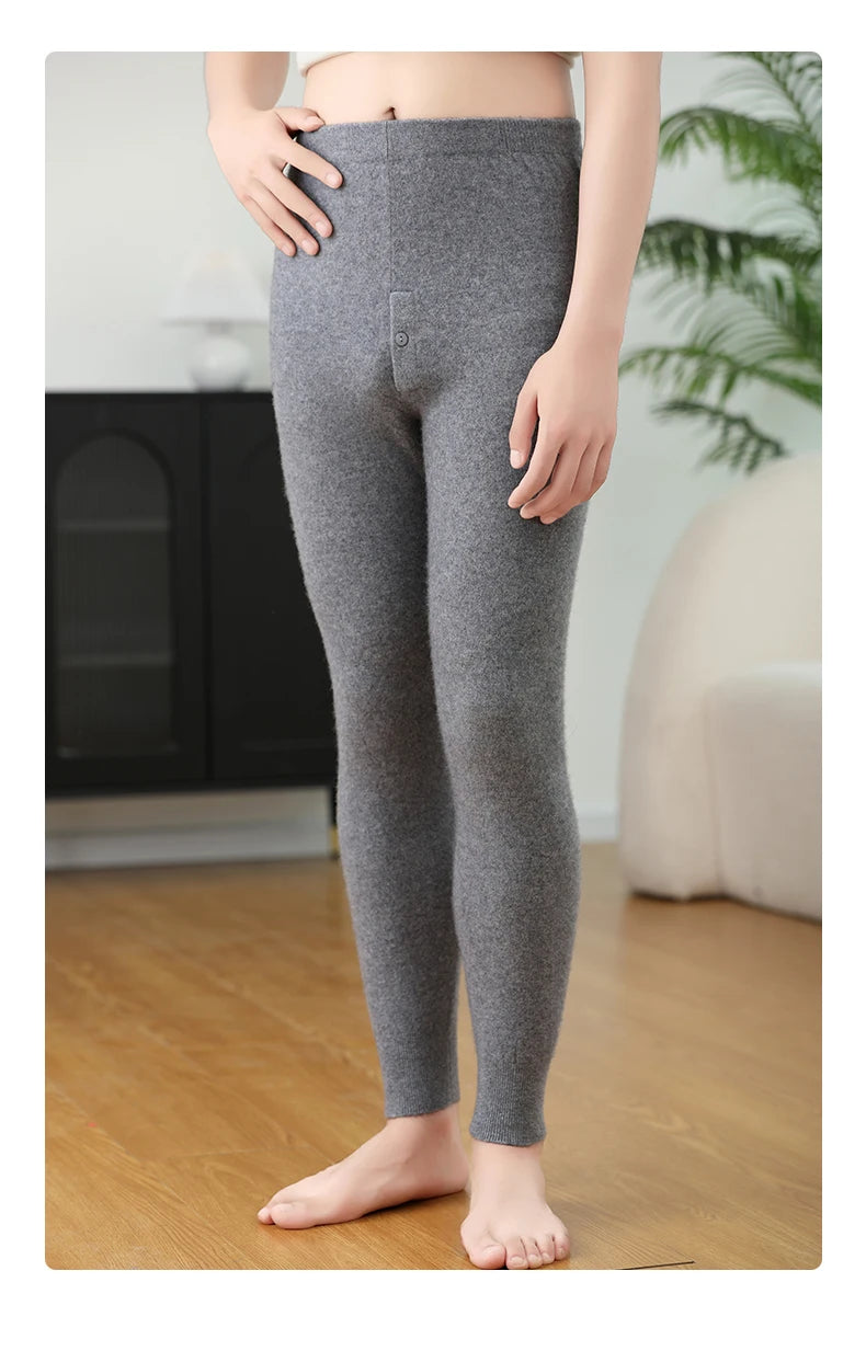 100% Cashmere Knit Leggings Men Winter Wearing Thermal Underwear High Waist Trousers Solid Thicken Elasticity Ankle-Length Pants