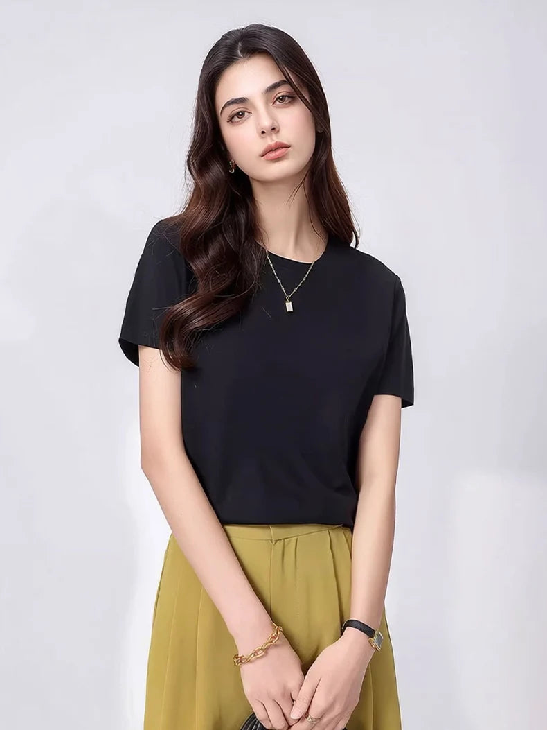 SuyaDream Women Solid T shirts, Silk Cotton Blend, O Neck, Short Sleeved Solid Tee,2025 Summer Candy Colors Basic Cozy Top Green