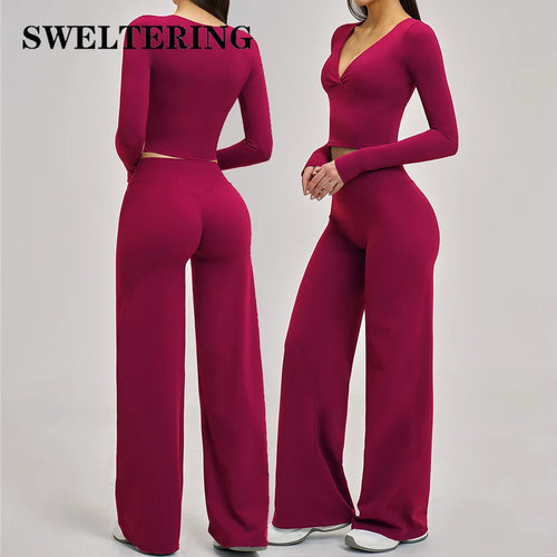 2PCS Yoga Set Women Tracksuits Workout Outfits Sportswear Gym Clothing Female Fitness Long Sleeve High Waist Leggings Yoga Suit