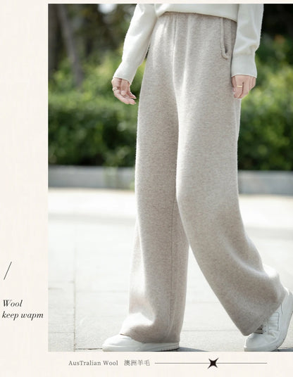 DjzDsm Women's 100% Merino Wool Wide Leg Straight Leg Pants Autumn Winter Thickened Comfortable Fit Trousers