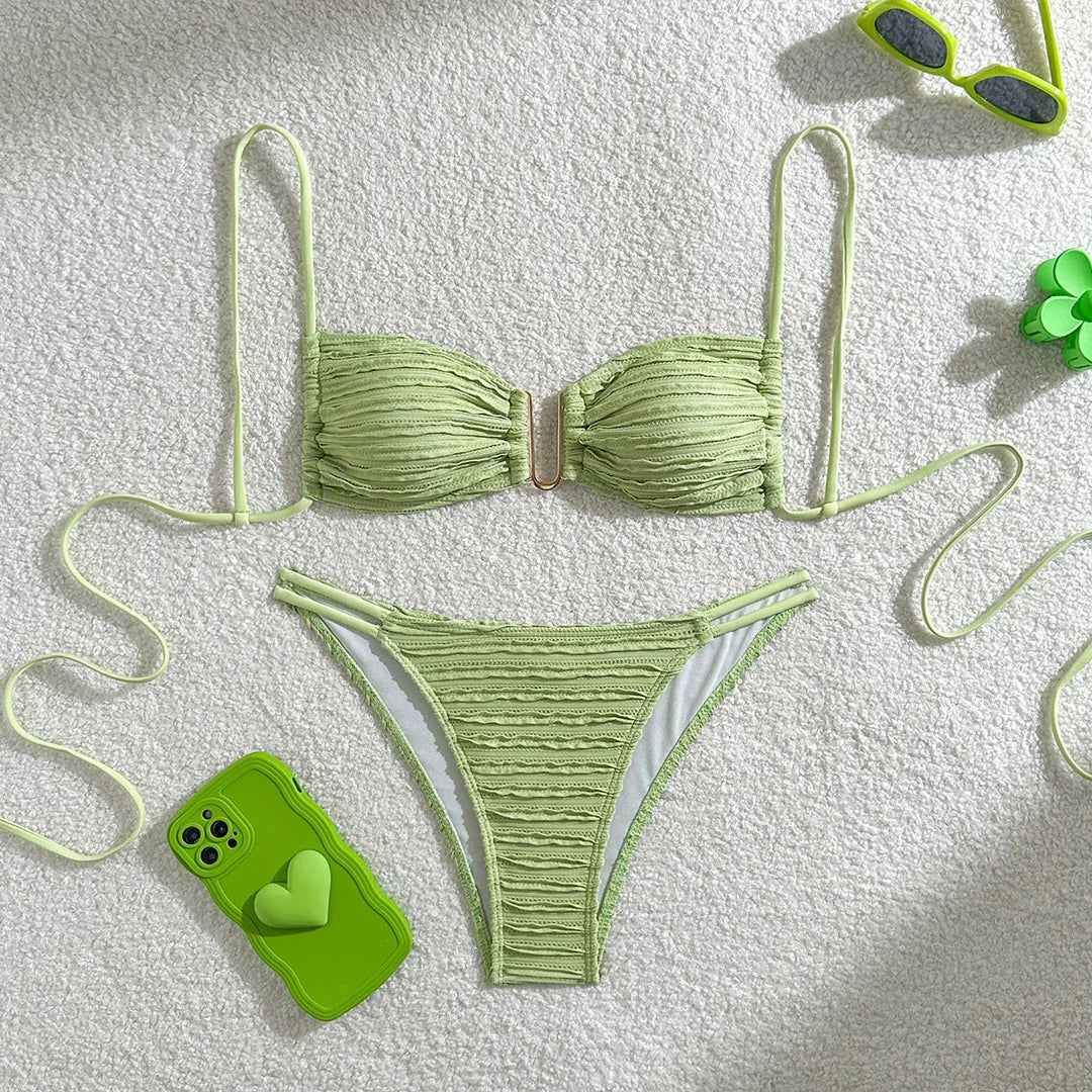 U Neck Wrinkled Crinkled Bikini Women Swimwear Female Swimsuit Two-pieces Bikini set High Cut Bather Bathing Suit Swim V5708B