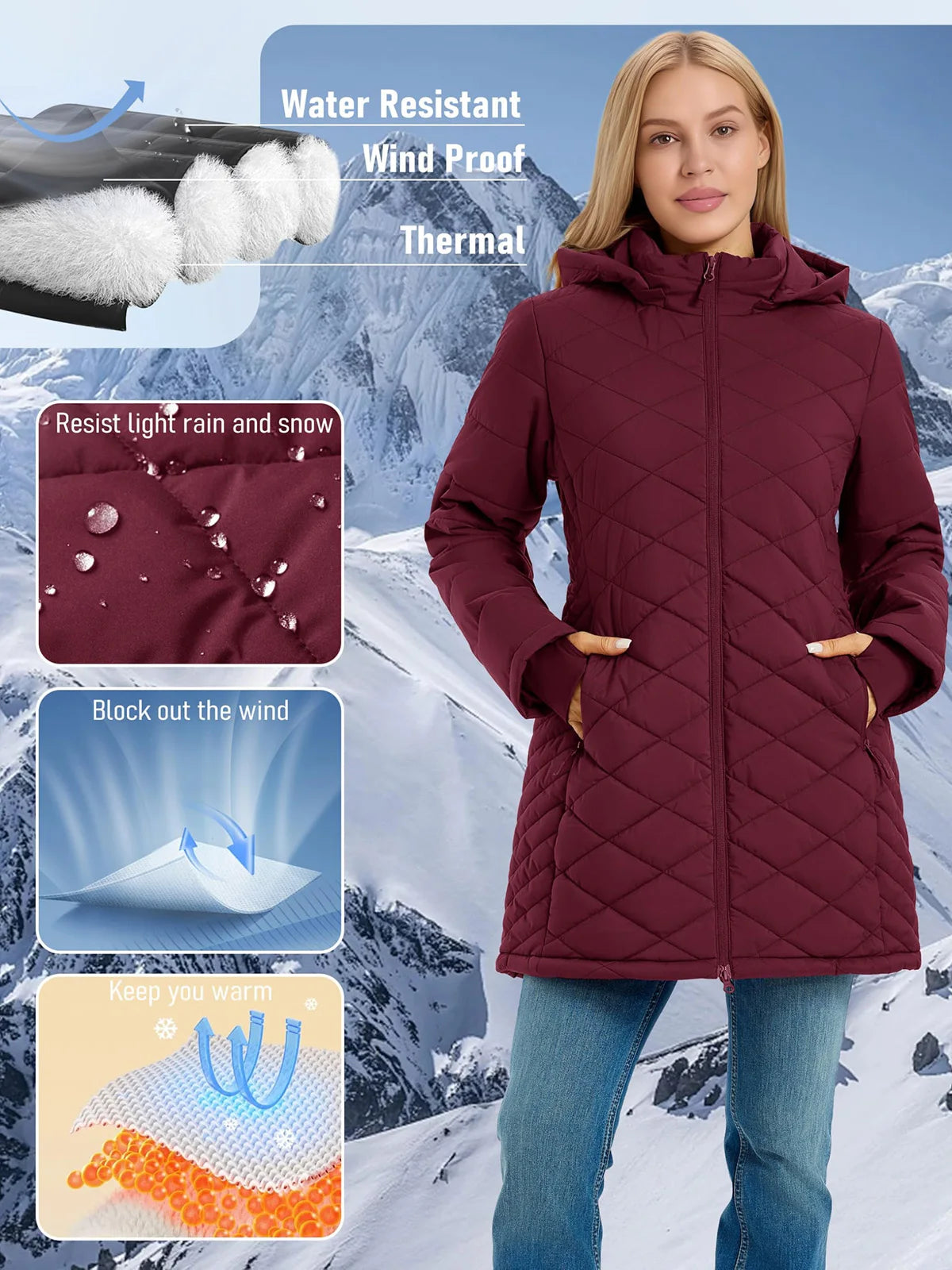 TACVASEN Womens Long Quilted Puffer Hood Jackets Winter Lightweight Warm Insulated Coat Windproof Waterproof Parkas with Pockets