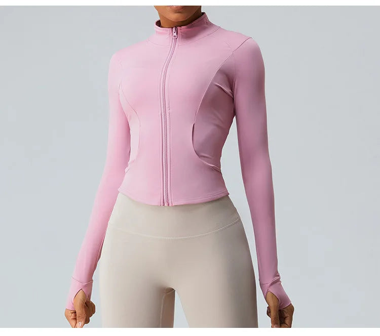 Gym Shirt Women's Full Zipper Yoga Top With Thumbholes Fitness Running Jacket Stretch Fit Long Sleeve Round Neck Top Sportswear