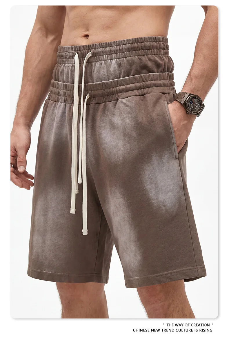 Custom LOGO men's 320G heavy 100% washed and old double waist high waist medium pants loose casual sports five-point shorts