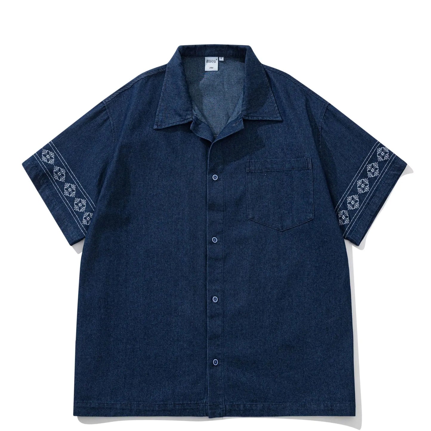 Summer Japanese Retro Ethnic Style Embroidered Denim Men's and Women's Short Sleeved Shirts, Loose Five Quarter Sleeved Workwear