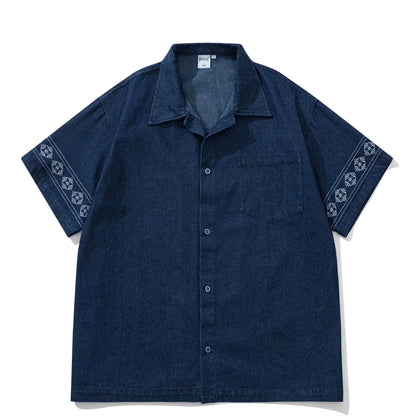 Summer Japanese Retro Ethnic Style Embroidered Denim Men's and Women's Short Sleeved Shirts, Loose Five Quarter Sleeved Workwear