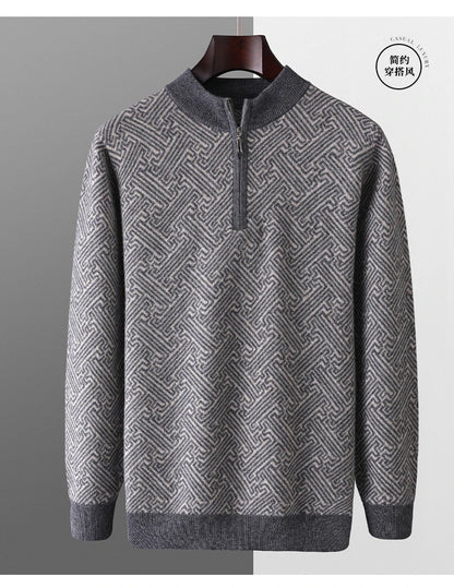 Men's 100% Merino Wool Jacquard Sweater Mock Collar Half Zip Thick Pullover Autumn Winter Cashmere Knitwear Long Sleeved Top