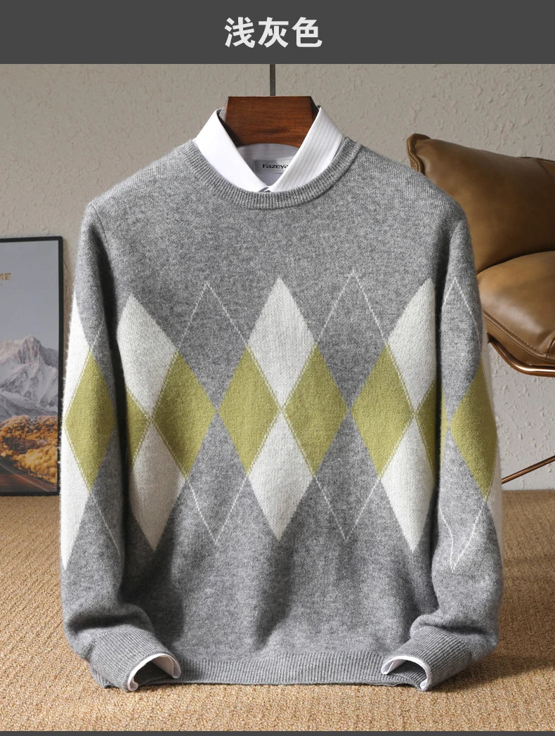 Autumn Winter New Men's Cashmere Sweater Thickened Round Neck Pullover With Contrast Color Loose Casual Knitted100% Wool Sweater