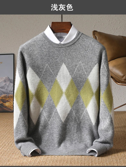 Autumn Winter New Men's Cashmere Sweater Thickened Round Neck Pullover With Contrast Color Loose Casual Knitted100% Wool Sweater