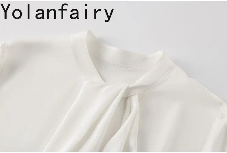 YOLANFAIRY 93% Real Mulberry Silk Shirts for Women Spring 2026 Elegant Solid Long Sleeve Shirt Woman Top Ribbon OL Blouses Trend
