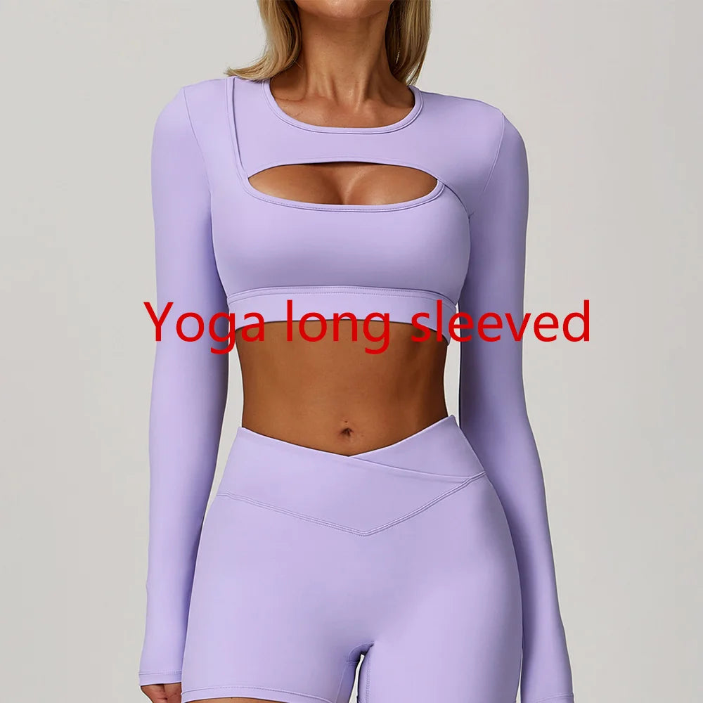Women Yoga Shirts Crop Top Long Sleeves Sexy Hollow Out Shirts for Women Yoga Sports Fitness Gym Clothes Push Up Workout Tops